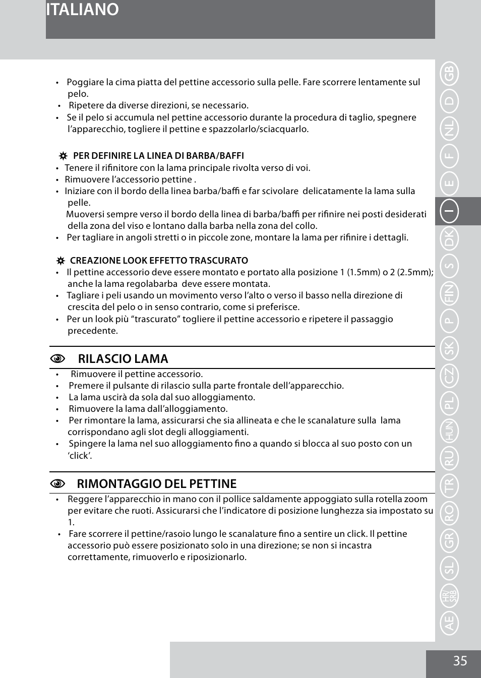 Italiano, Crilascio lama, Crimontaggio del pettine | Remington MB4040 User Manual | Page 35 / 134
