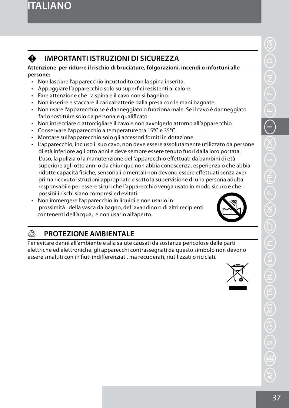 Italiano, Fimportanti istruzioni di sicurezza, Hprotezione ambientale | Remington MB4040 User Manual | Page 37 / 134