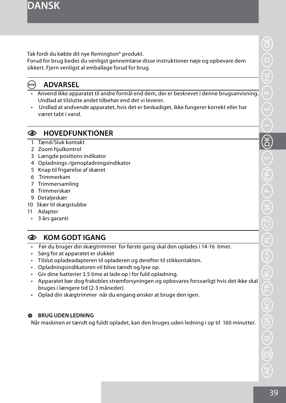 Dansk, Aadvarsel, Chovedfunktioner | Ckom godt igang | Remington MB4040 User Manual | Page 39 / 134