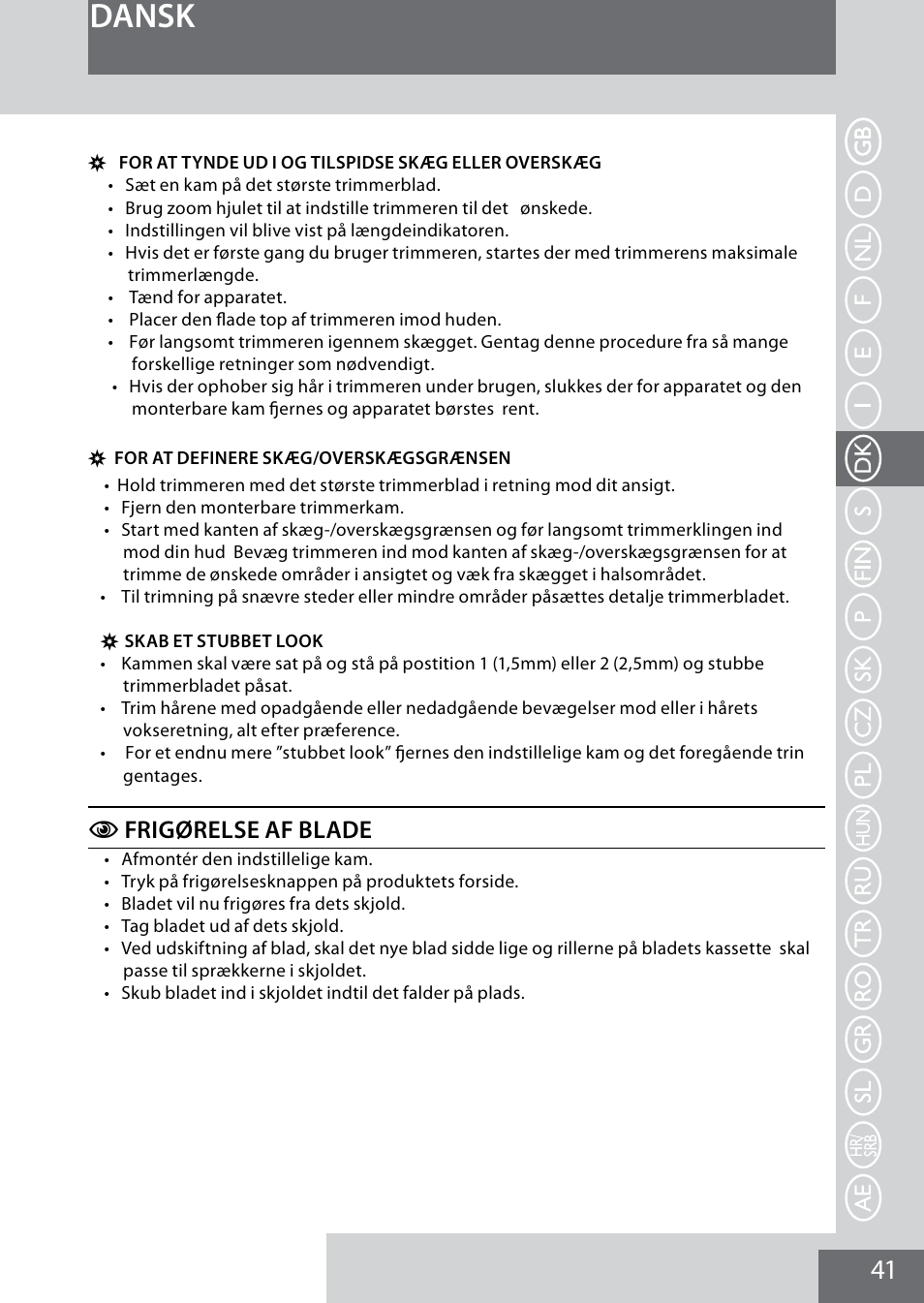 Dansk, Cfrigørelse af blade | Remington MB4040 User Manual | Page 41 / 134