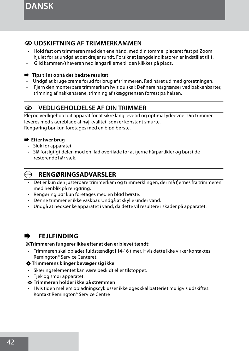 Dansk, Cudskiftning af trimmerkammen, Cvedligeholdelse af din trimmer | A rengøringsadvarsler, Efejlfinding | Remington MB4040 User Manual | Page 42 / 134