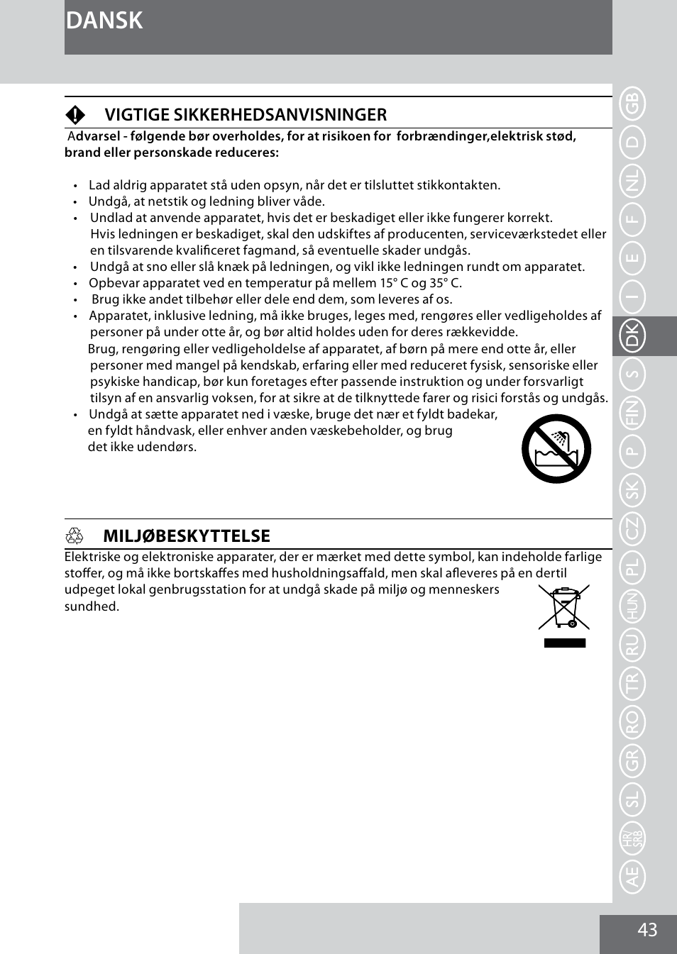 Dansk, Fvigtige sikkerhedsanvisninger, Hmiljøbeskyttelse | Remington MB4040 User Manual | Page 43 / 134