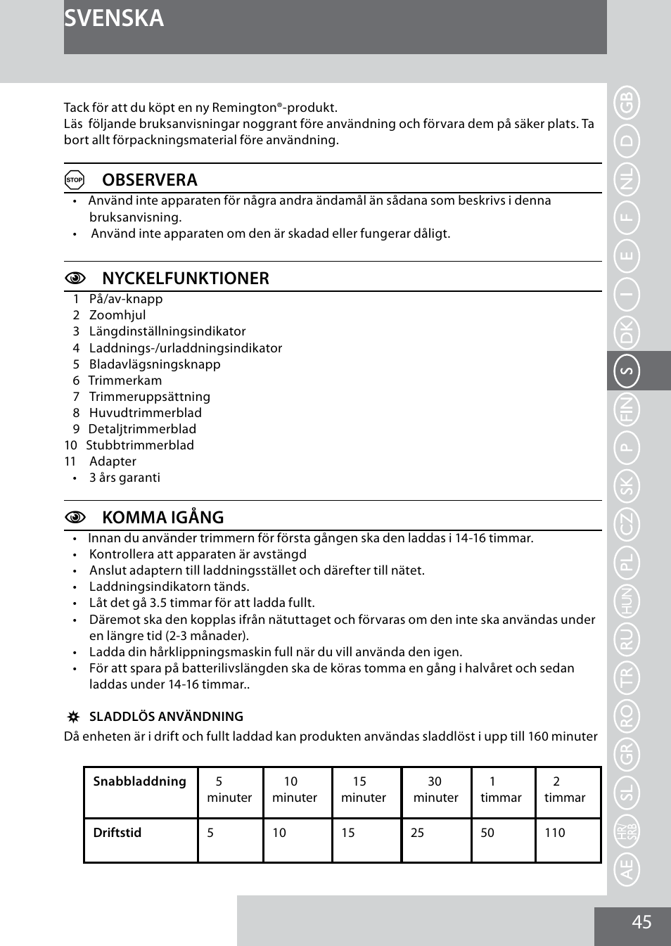 Svenska, Aobservera, Cnyckelfunktioner | Ckomma igång | Remington MB4040 User Manual | Page 45 / 134