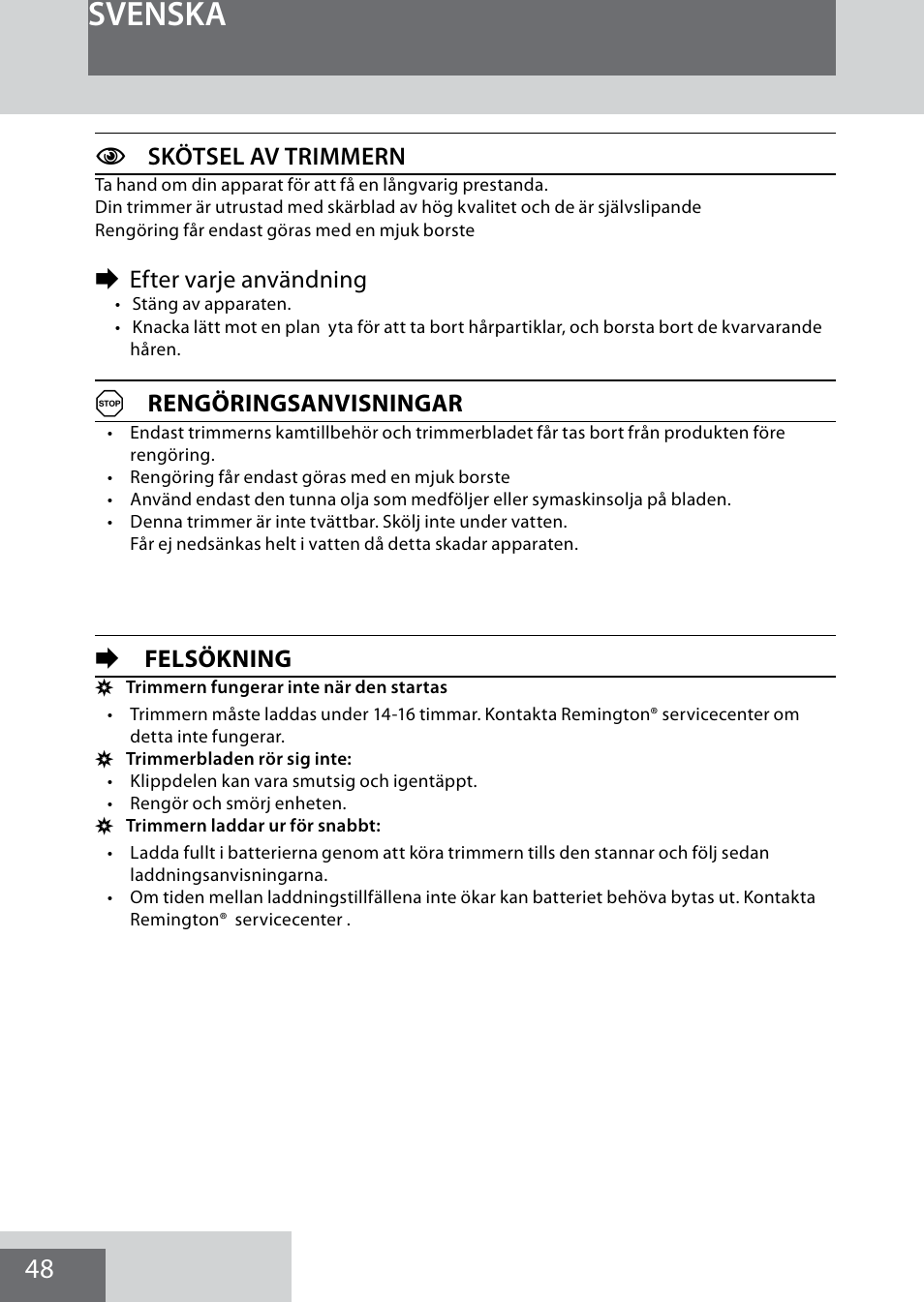 Svenska, Cskötsel av trimmern, Eefter varje användning | Arengöringsanvisningar, Efelsökning | Remington MB4040 User Manual | Page 48 / 134