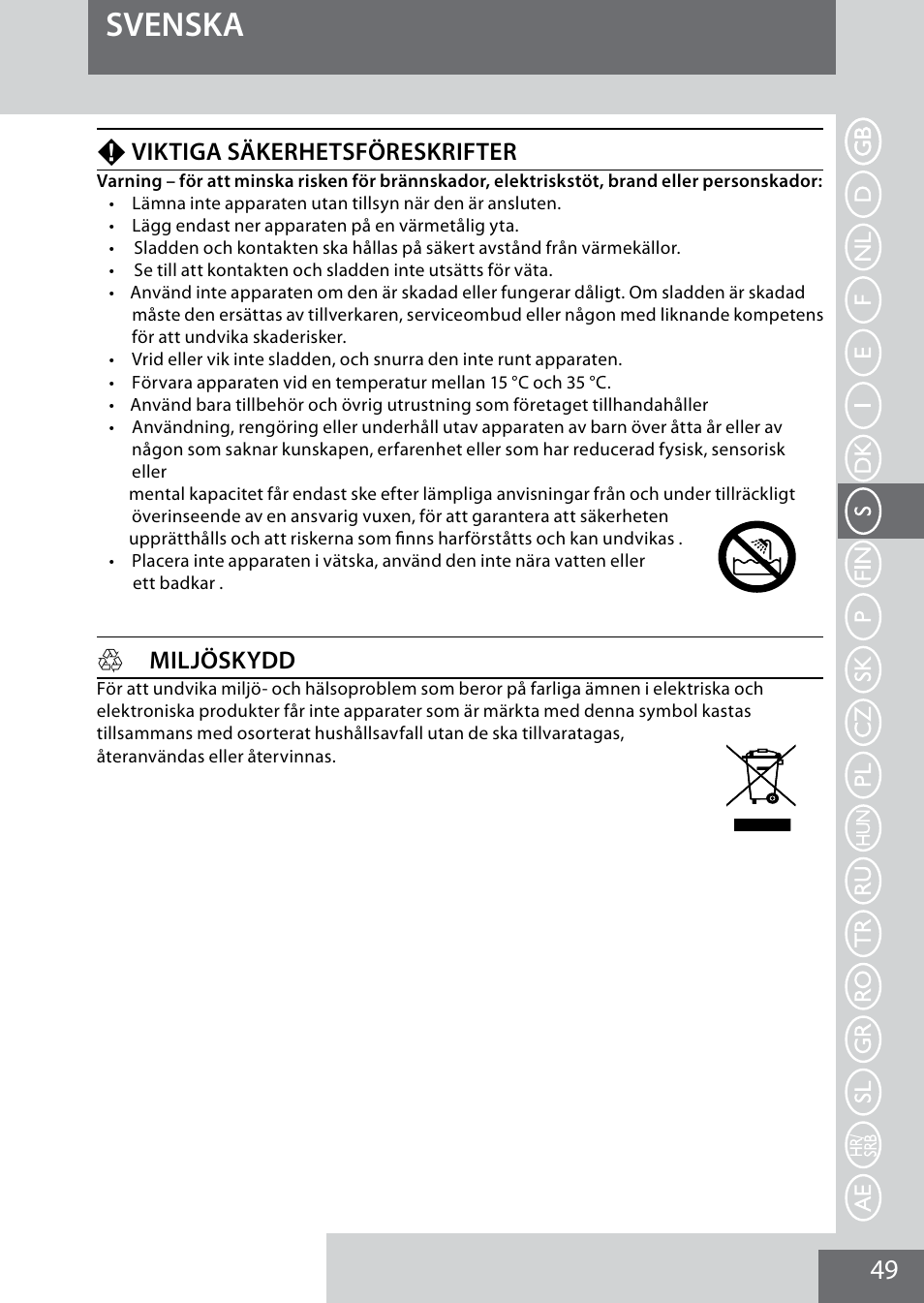 Svenska, Fviktiga säkerhetsföreskrifter, Hmiljöskydd | Remington MB4040 User Manual | Page 49 / 134