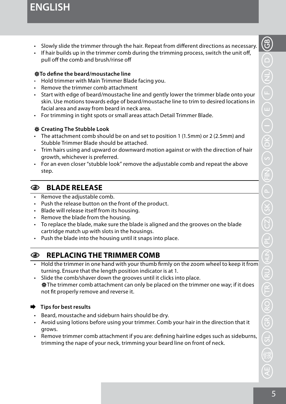 English, Cblade release, Creplacing the trimmer comb | Remington MB4040 User Manual | Page 5 / 134