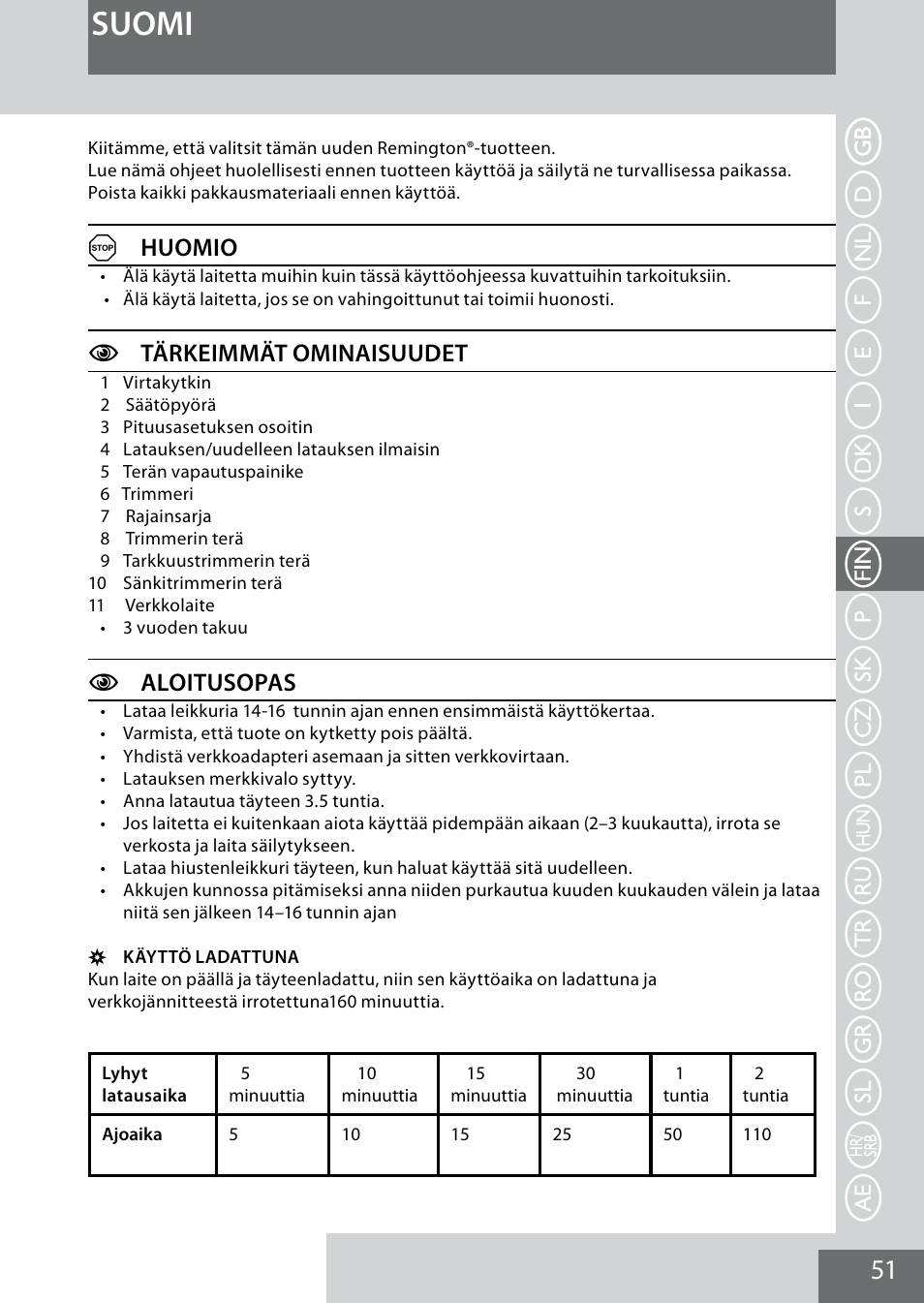 Suomi, Ahuomio, Ctärkeimmät ominaisuudet | Caloitusopas | Remington MB4040 User Manual | Page 51 / 134