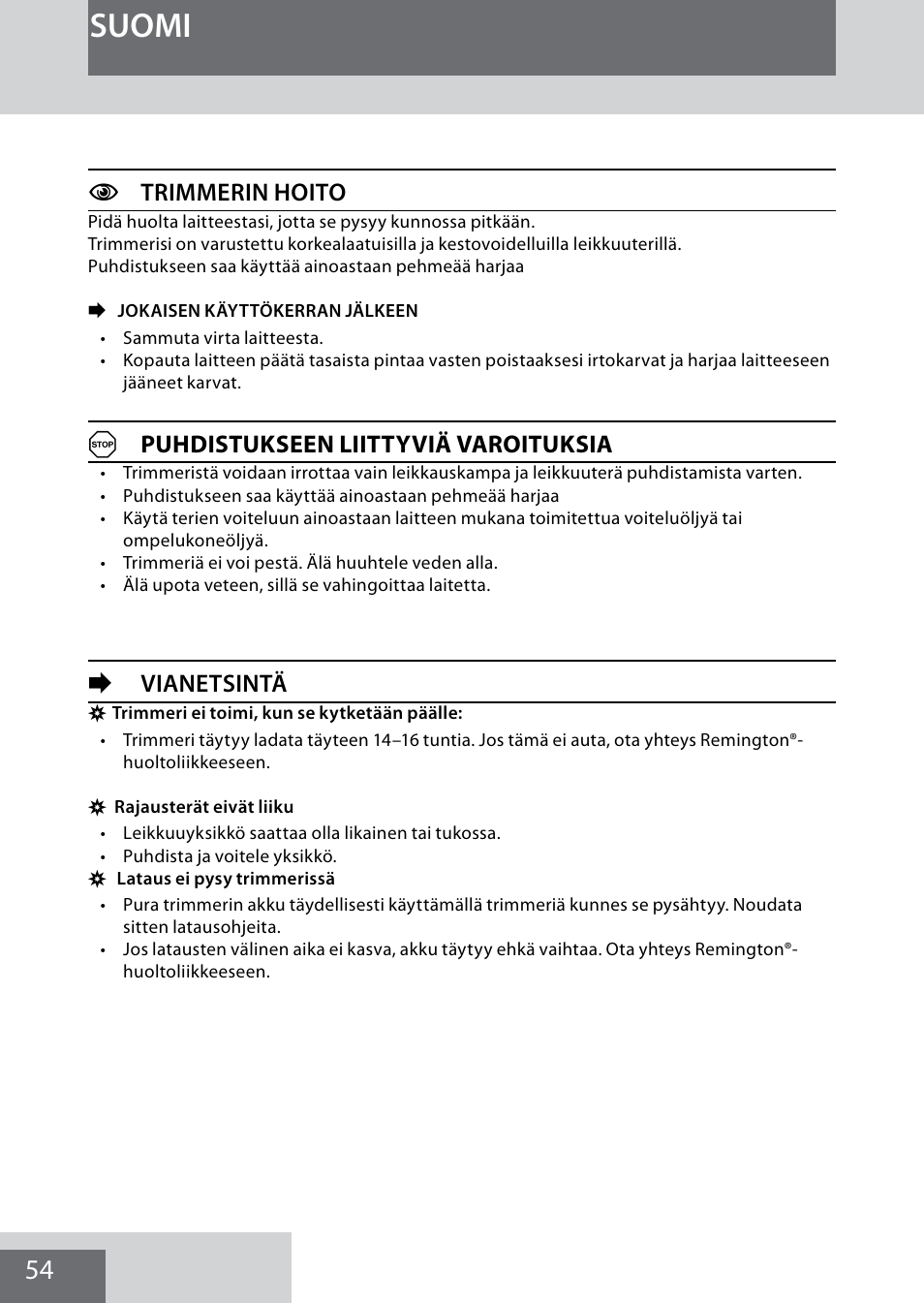 Suomi, Ctrimmerin hoito, Apuhdistukseen liittyviä varoituksia | Evianetsintä | Remington MB4040 User Manual | Page 54 / 134