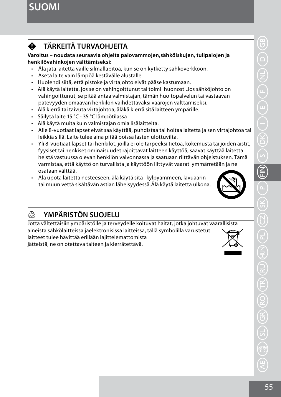 Suomi, Ftärkeitä turvaohjeita, Hympäristön suojelu | Remington MB4040 User Manual | Page 55 / 134