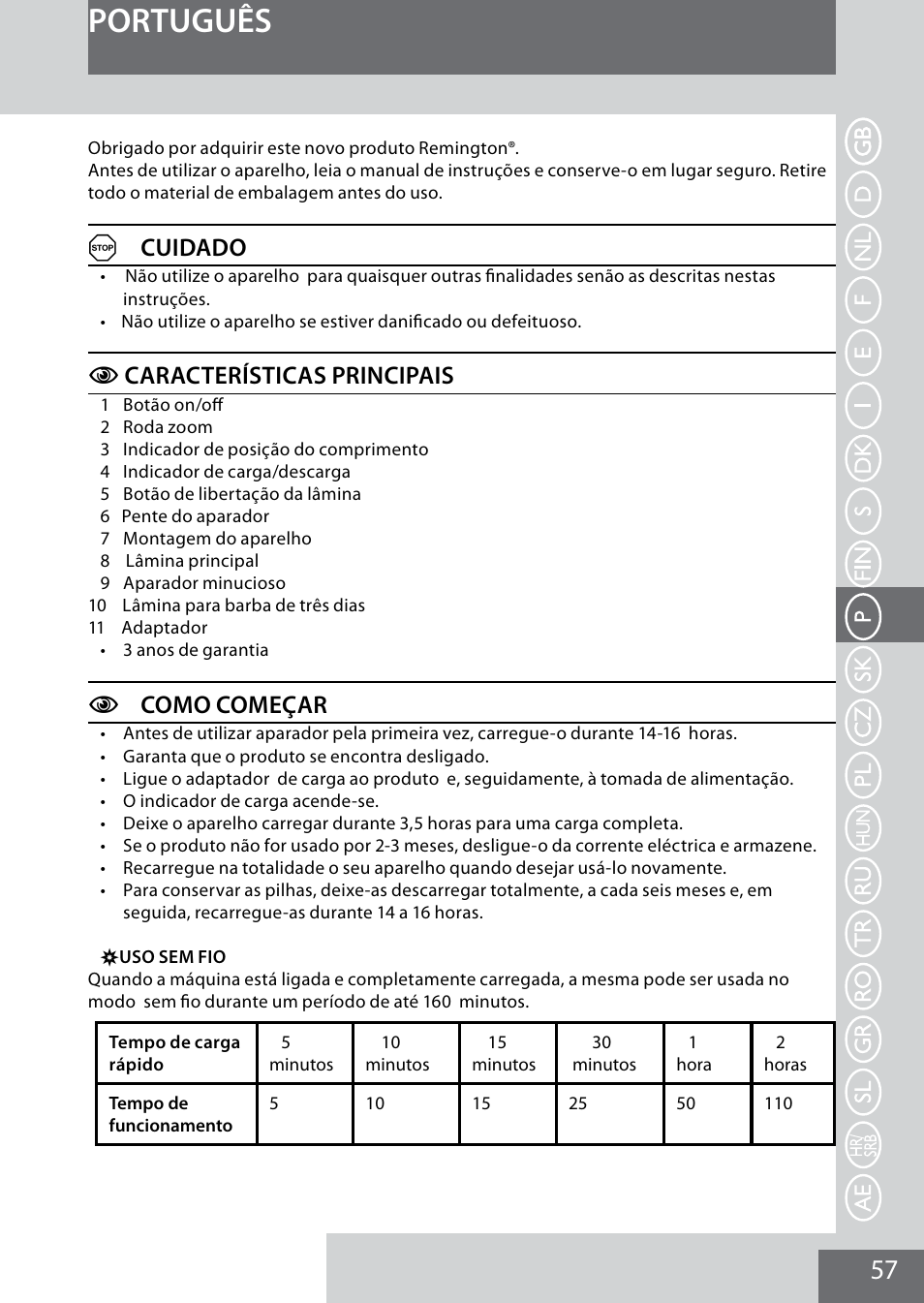 Português, Acuidado, Ccaracterísticas principais | Ccomo começar | Remington MB4040 User Manual | Page 57 / 134