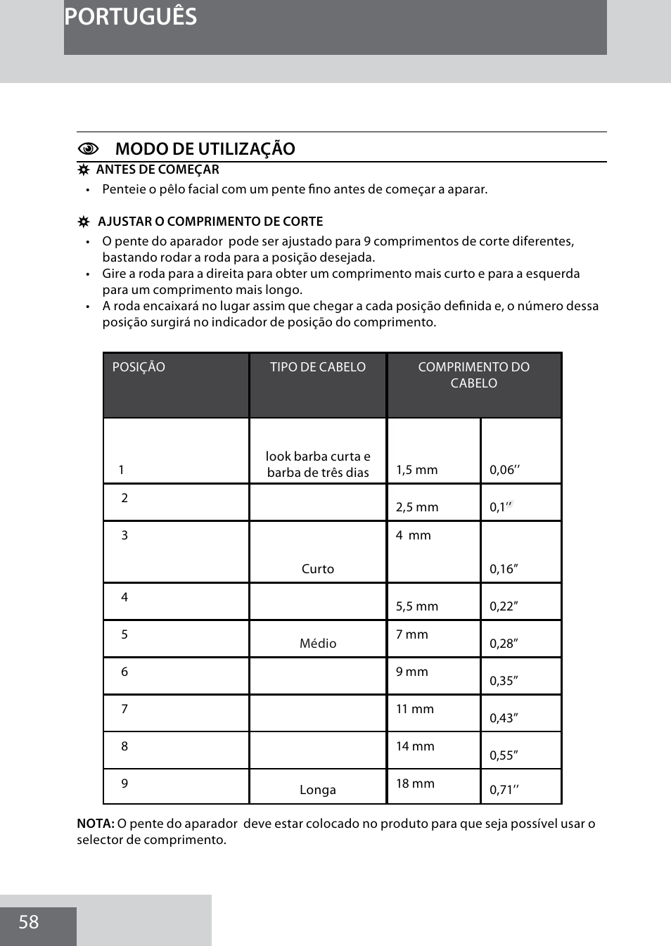 Português, Cmodo de utilização | Remington MB4040 User Manual | Page 58 / 134