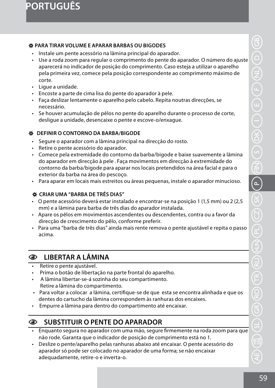 Português, Clibertar a lâmina, Csubstituir o pente do aparador | Remington MB4040 User Manual | Page 59 / 134