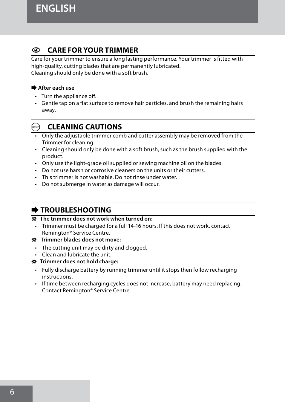 English, Ccare for your trimmer, Acleaning cautions | Etroubleshooting | Remington MB4040 User Manual | Page 6 / 134