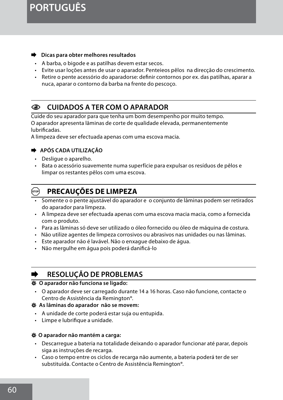 Português, Ccuidados a ter com o aparador, Aprecauções de limpeza | Eresolução de problemas | Remington MB4040 User Manual | Page 60 / 134