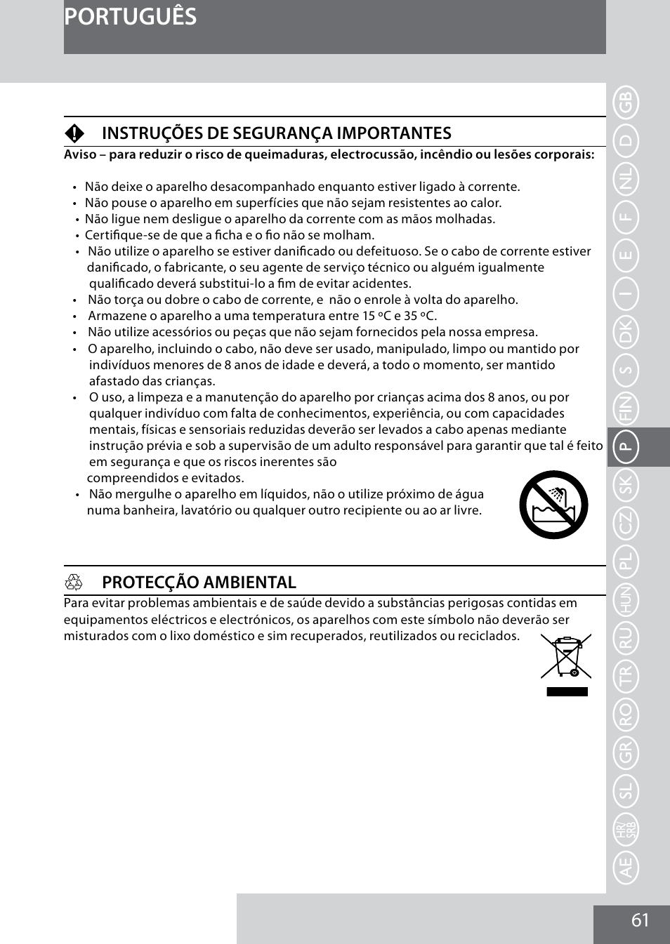 Português, Finstruções de segurança importantes, Hprotecção ambiental | Remington MB4040 User Manual | Page 61 / 134