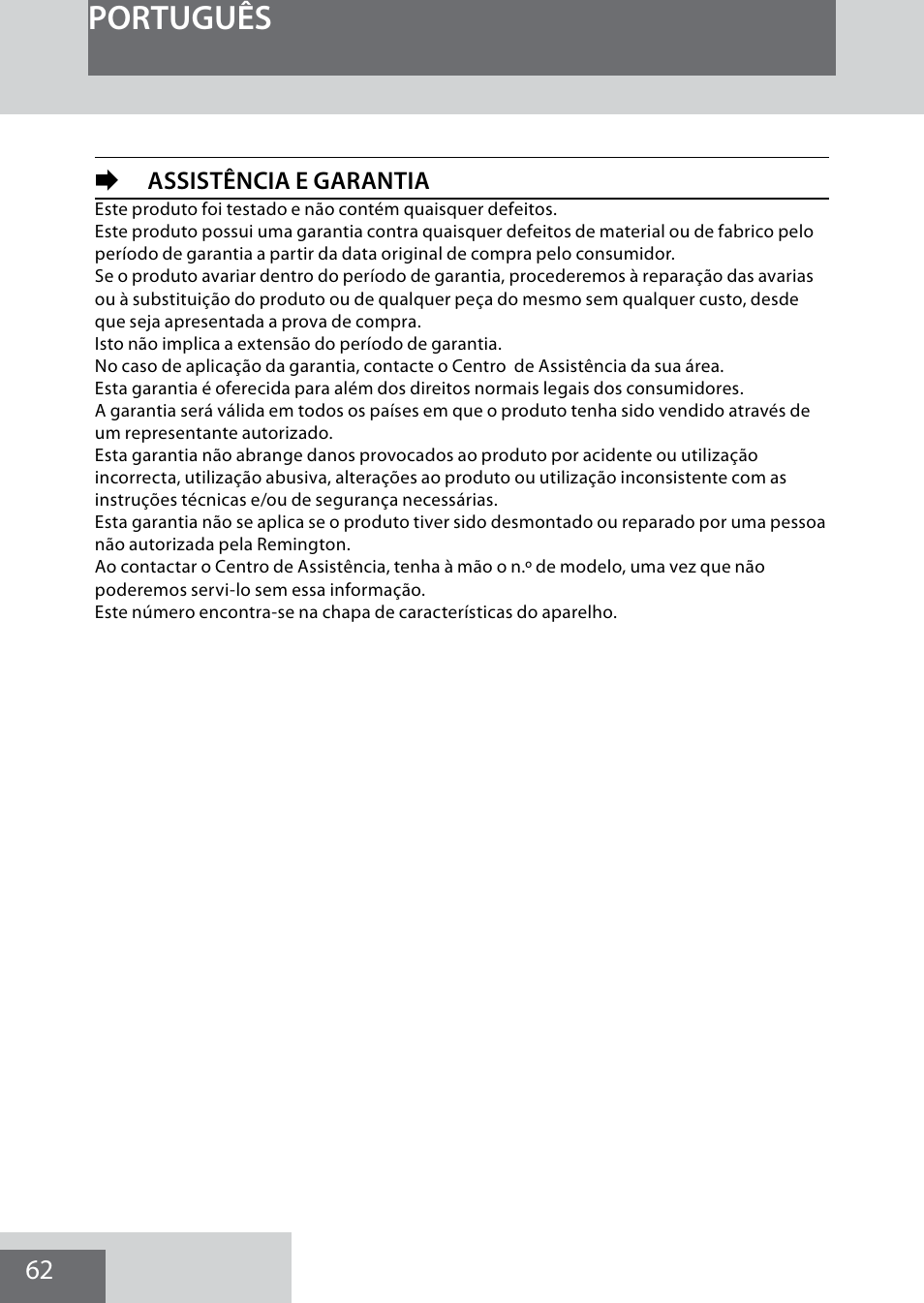 Português, Eassistência e garantia | Remington MB4040 User Manual | Page 62 / 134