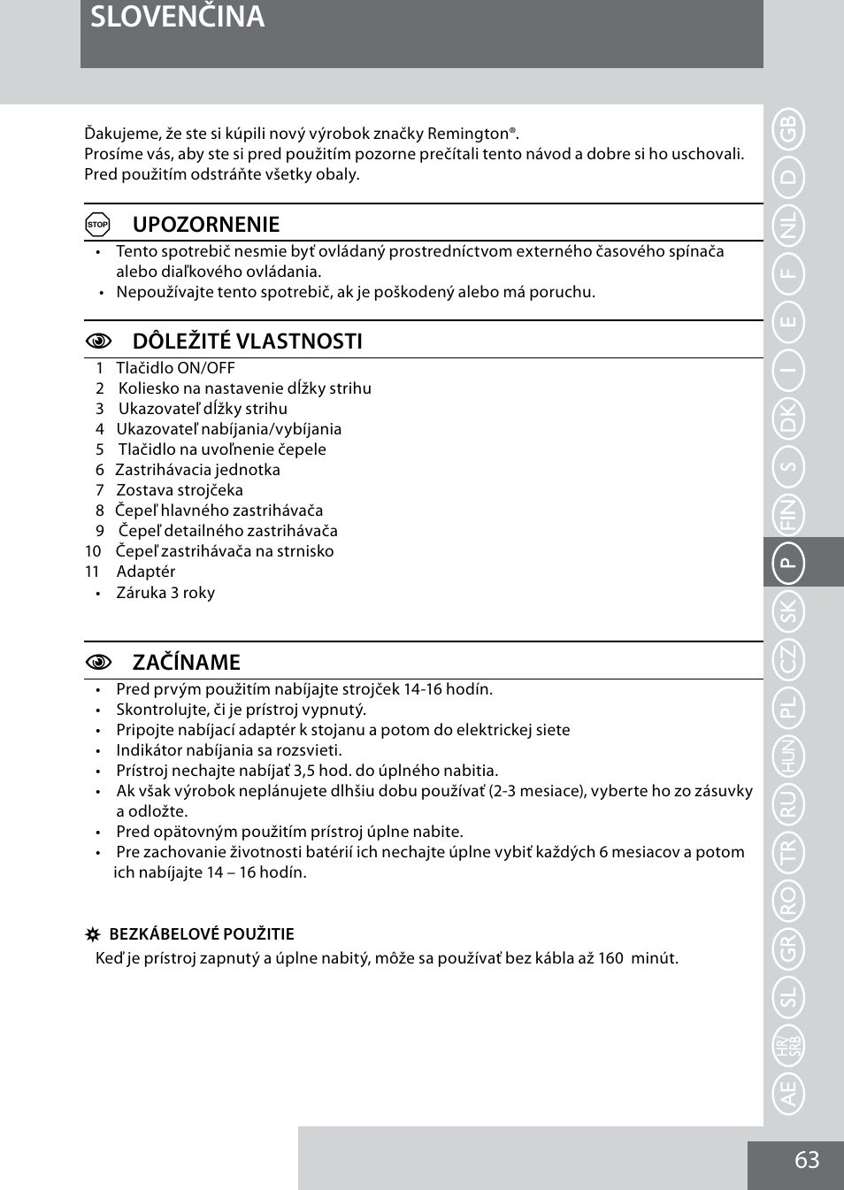 Slovenčina, Aupozornenie, Cdôležité vlastnosti | Czačíname | Remington MB4040 User Manual | Page 63 / 134