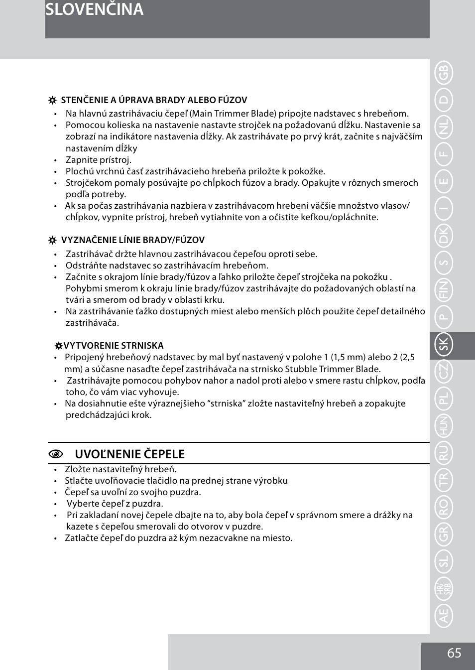 Slovenčina, Cuvoľnenie čepele | Remington MB4040 User Manual | Page 65 / 134