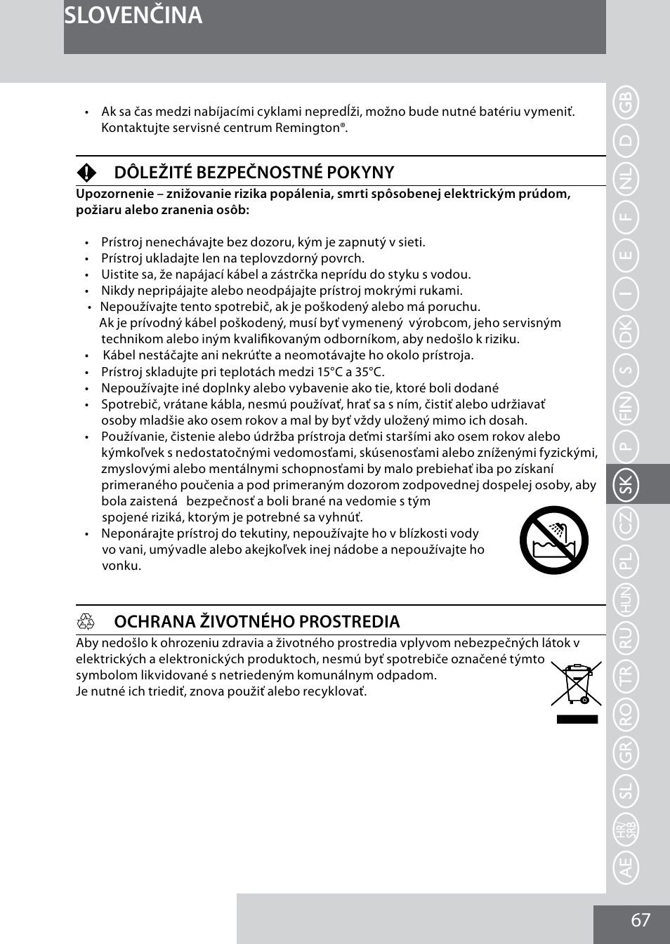 Slovenčina, Fdôležité bezpečnostné pokyny, Hochrana životného prostredia | Remington MB4040 User Manual | Page 67 / 134