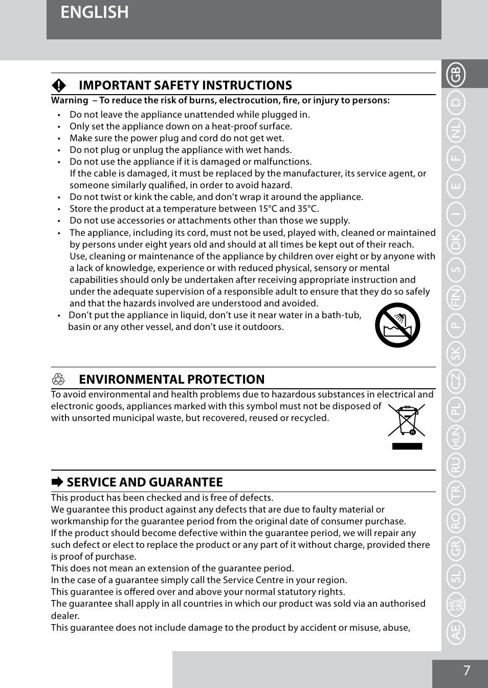 English, Fimportant safety instructions, Henvironmental protection | Eservice and guarantee | Remington MB4040 User Manual | Page 7 / 134