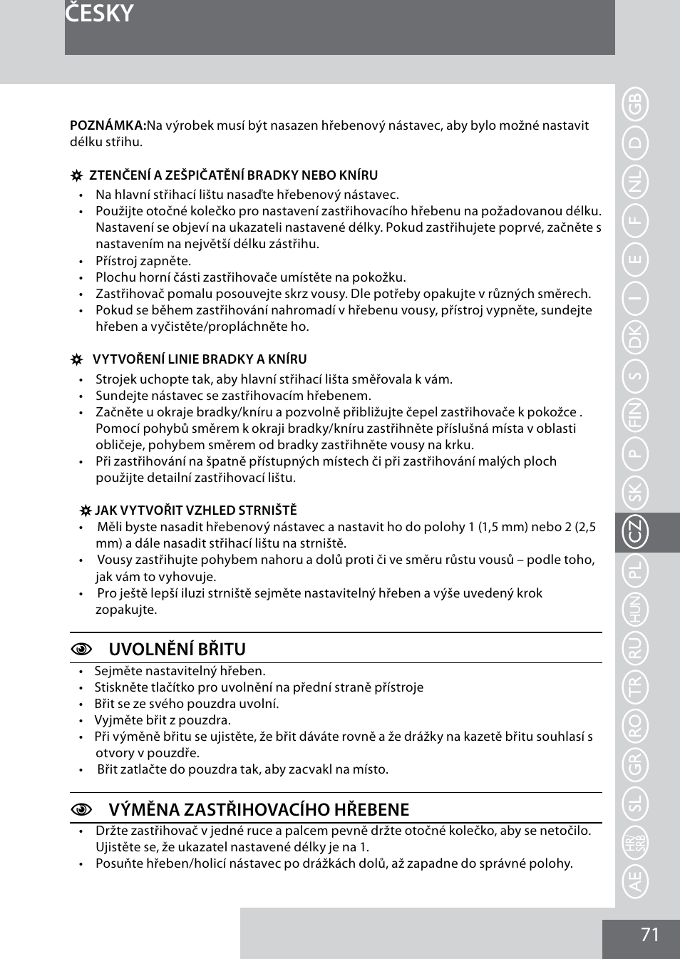 Česky, Cuvolnění břitu, Cvýměna zastřihovacího hřebene | Remington MB4040 User Manual | Page 71 / 134
