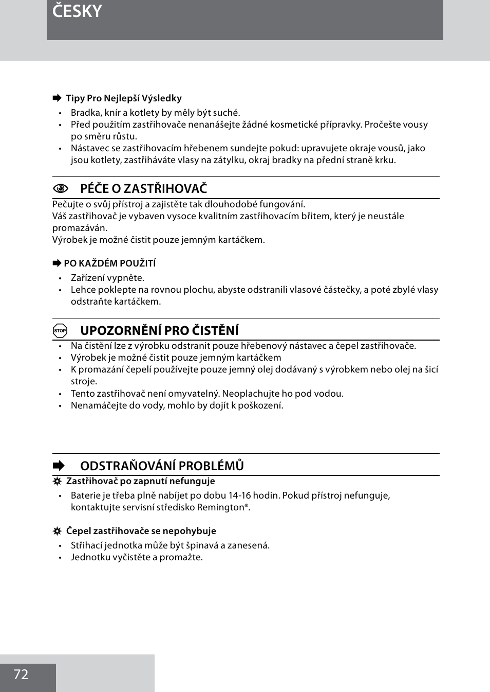 Česky, Cpéče o zastřihovač, Aupozornění pro čistění | E odstraňování problémů | Remington MB4040 User Manual | Page 72 / 134