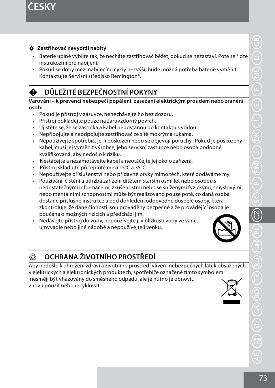 Česky, Fdůležité bezpečnostní pokyny, Hochrana životního prostředí | Remington MB4040 User Manual | Page 73 / 134