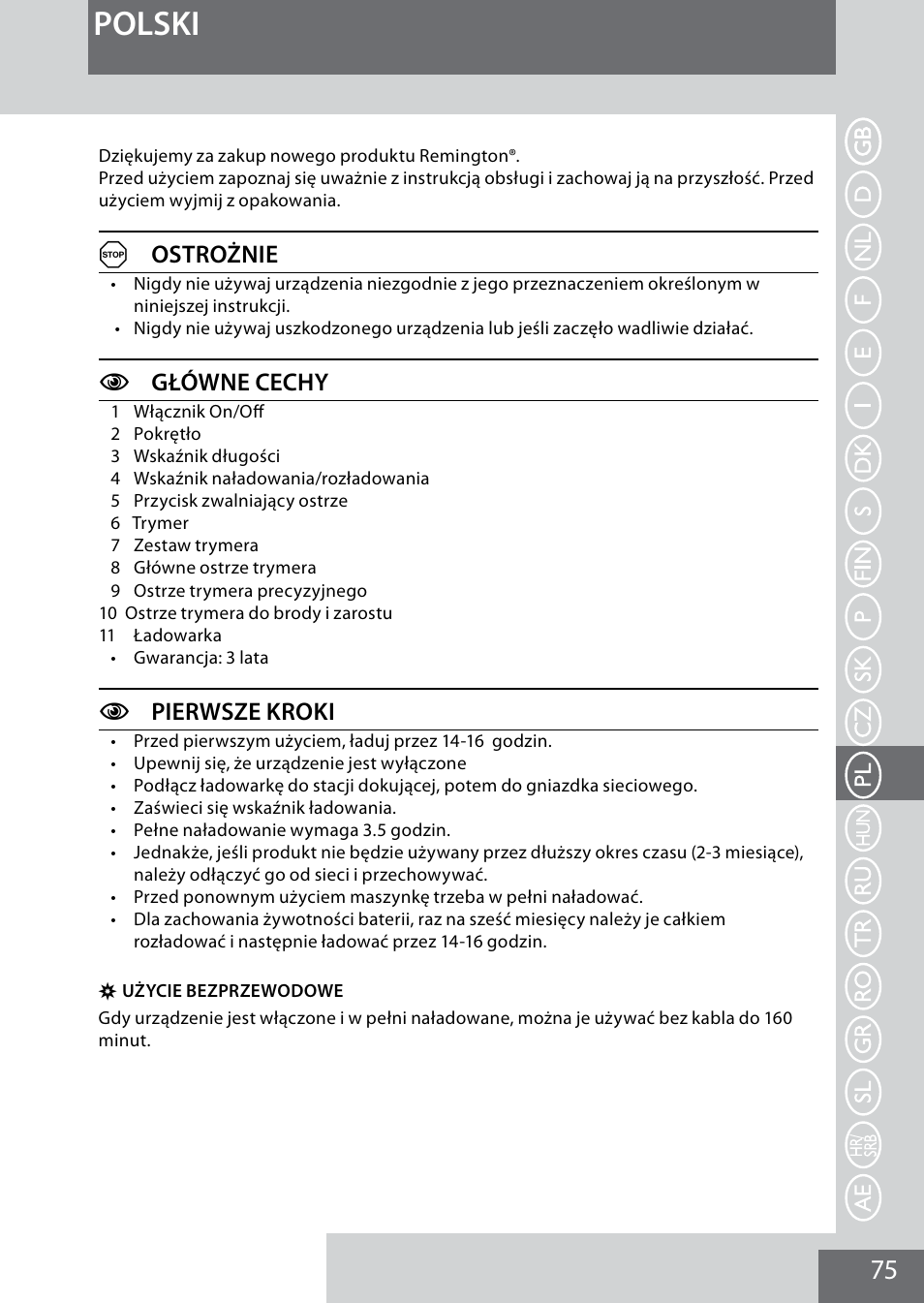 Polski, Aostrożnie, Cgłówne cechy | Cpierwsze kroki | Remington MB4040 User Manual | Page 75 / 134