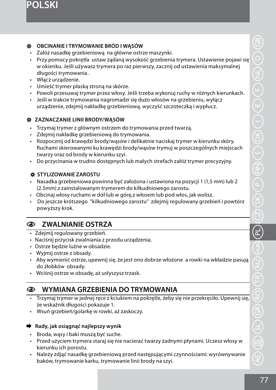 Polski, Czwalnianie ostrza, Cwymiana grzebienia do trymowania | Remington MB4040 User Manual | Page 77 / 134