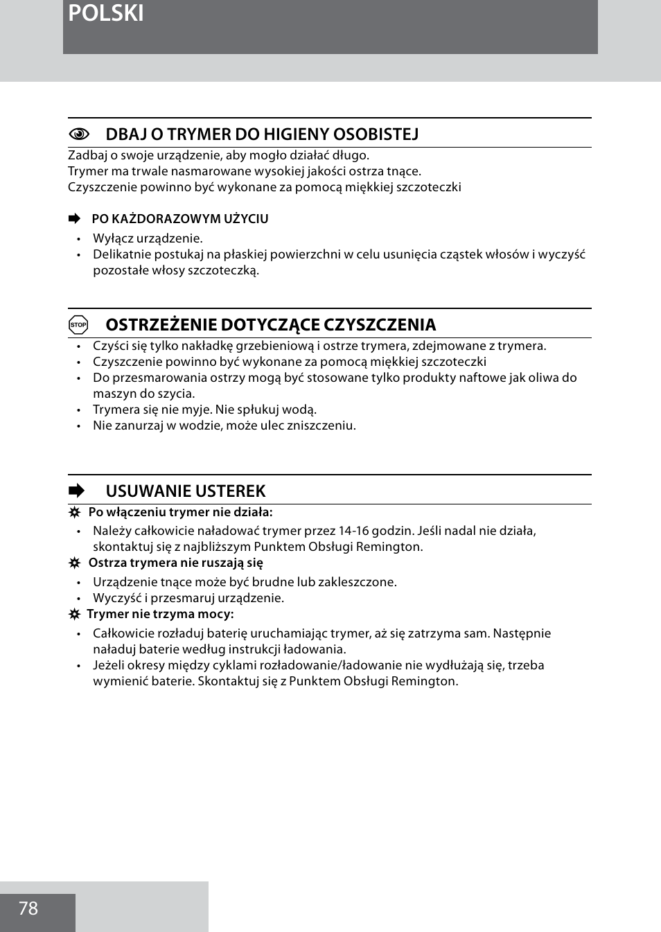 Polski, Cdbaj o trymer do higieny osobistej, Aostrzeżenie dotyczące czyszczenia | E usuwanie usterek | Remington MB4040 User Manual | Page 78 / 134