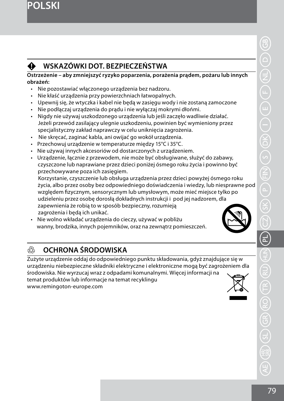 Polski, Fwskazówki dot. bezpieczeństwa, Hochrona środowiska | Remington MB4040 User Manual | Page 79 / 134