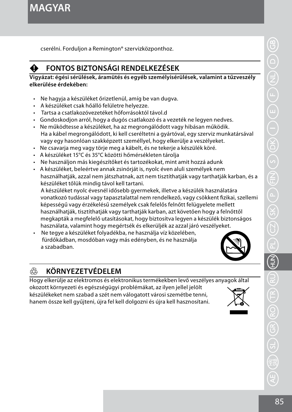 Magyar, Ffontos biztonsági rendelkezések, Hkörnyezetvédelem | Remington MB4040 User Manual | Page 85 / 134