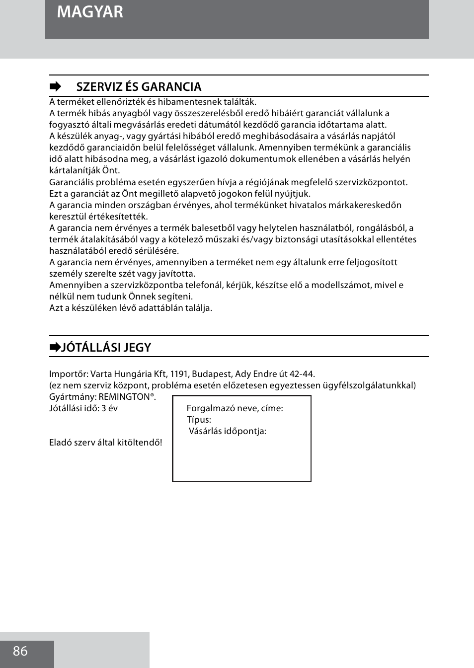 Magyar, Eszerviz és garancia, Ejótállási jegy | Remington MB4040 User Manual | Page 86 / 134