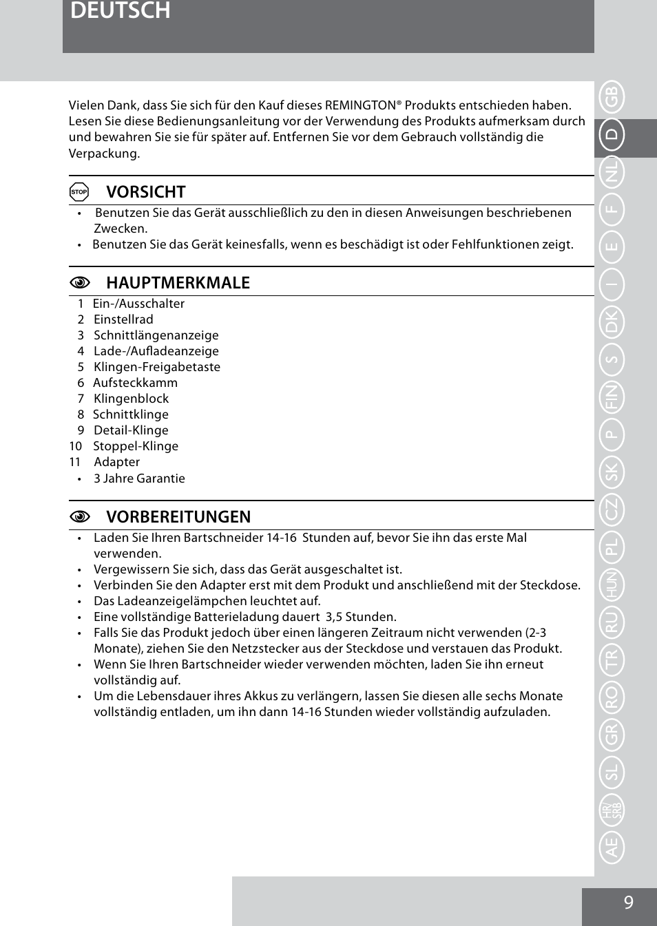 Deutsch, Avorsicht, Chauptmerkmale | Cvorbereitungen | Remington MB4040 User Manual | Page 9 / 134