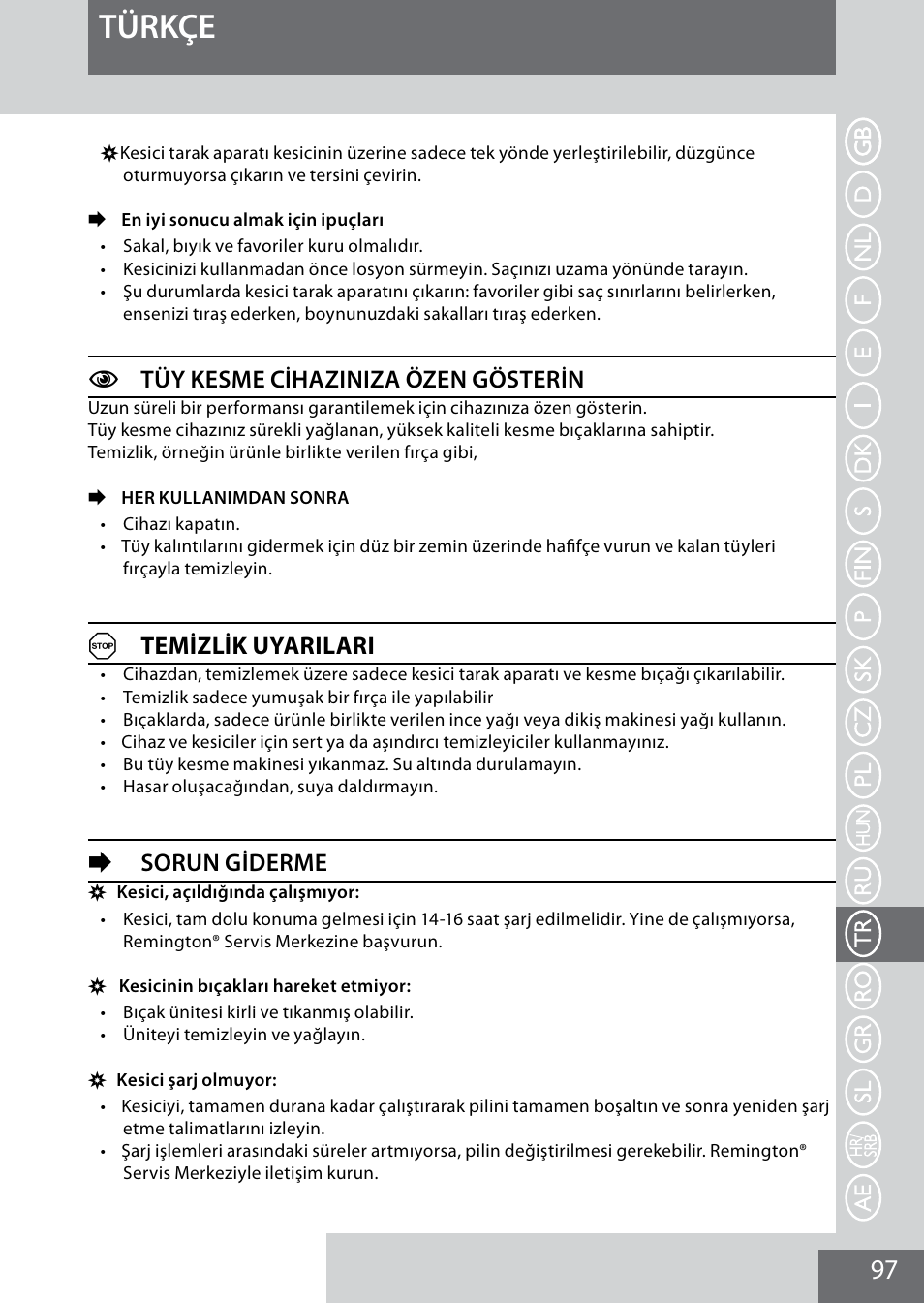 Türkçe, Ctüy kesme cihaziniza özen gösterin, Atemizlik uyarilari | Esorun giderme | Remington MB4040 User Manual | Page 97 / 134