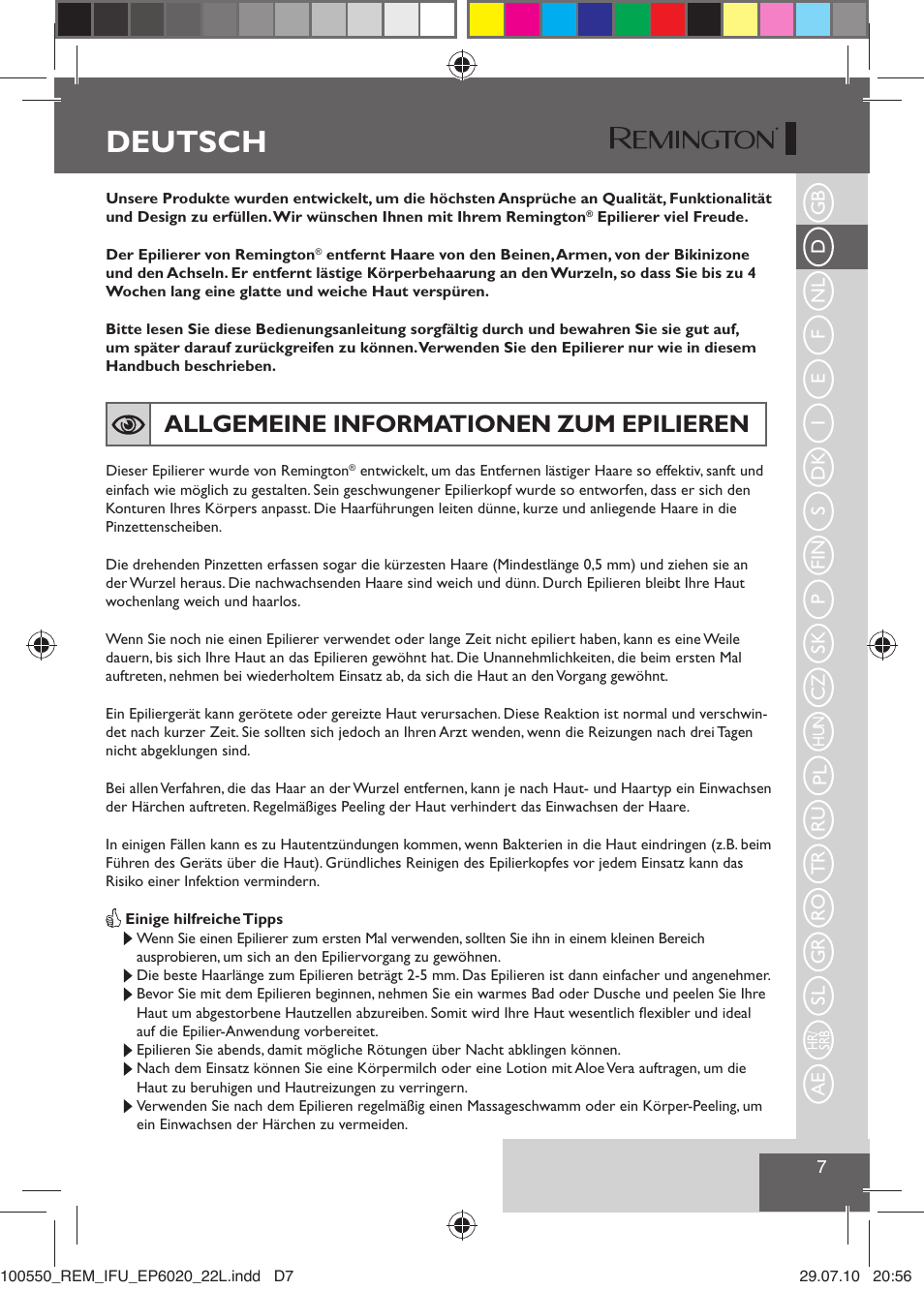 Deutsch, Allgemeine informationen zum epilieren | Remington EP6030C User Manual | Page 10 / 140