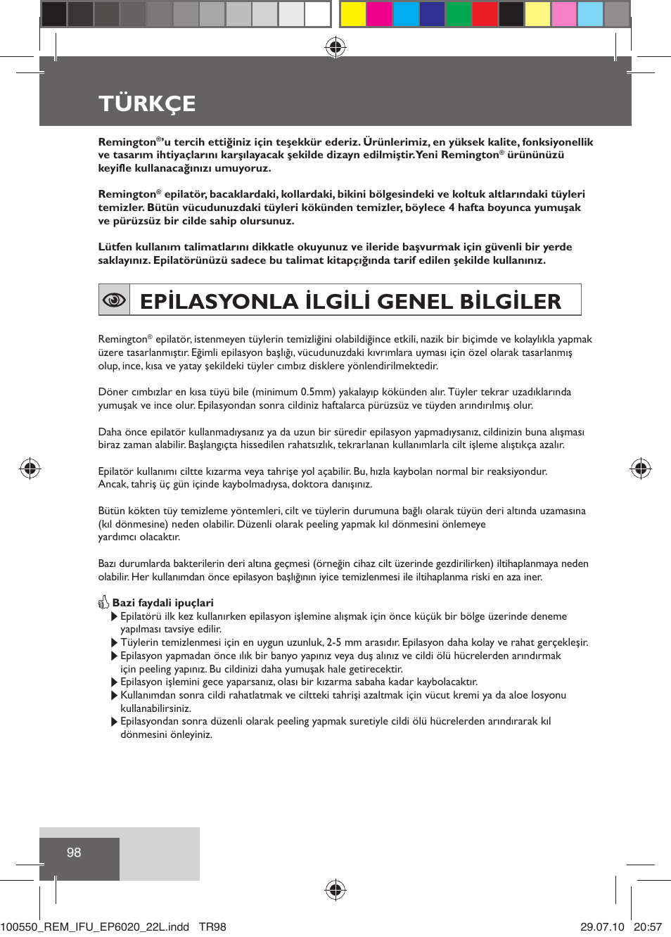 Türkçe, Epilasyonla ilgili genel bilgiler | Remington EP6030C User Manual | Page 101 / 140