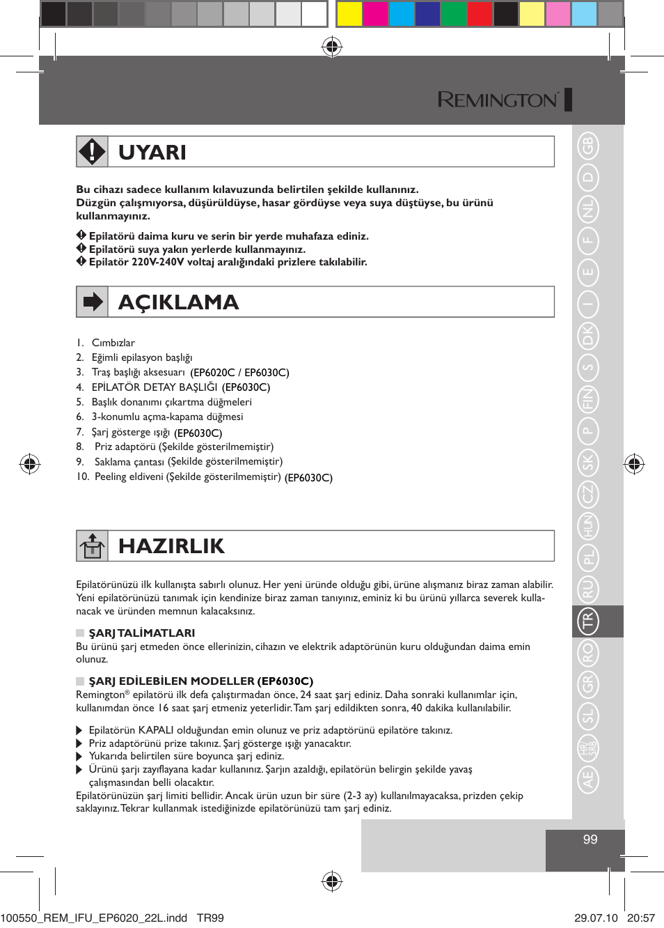Uyari, Açiklama, Hazirlik | Remington EP6030C User Manual | Page 102 / 140