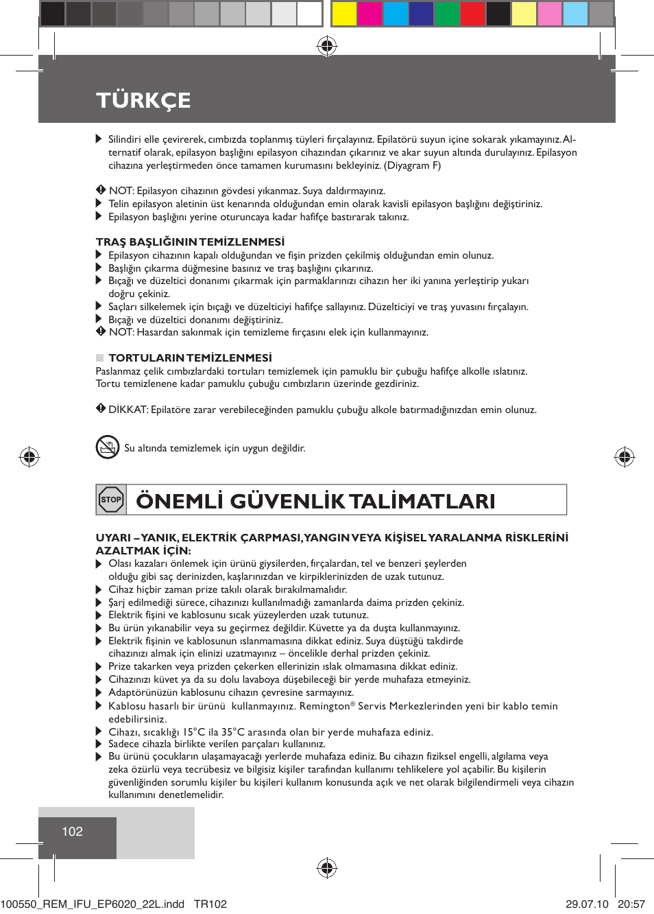 Türkçe, Önemli güvenlik talimatlari | Remington EP6030C User Manual | Page 105 / 140