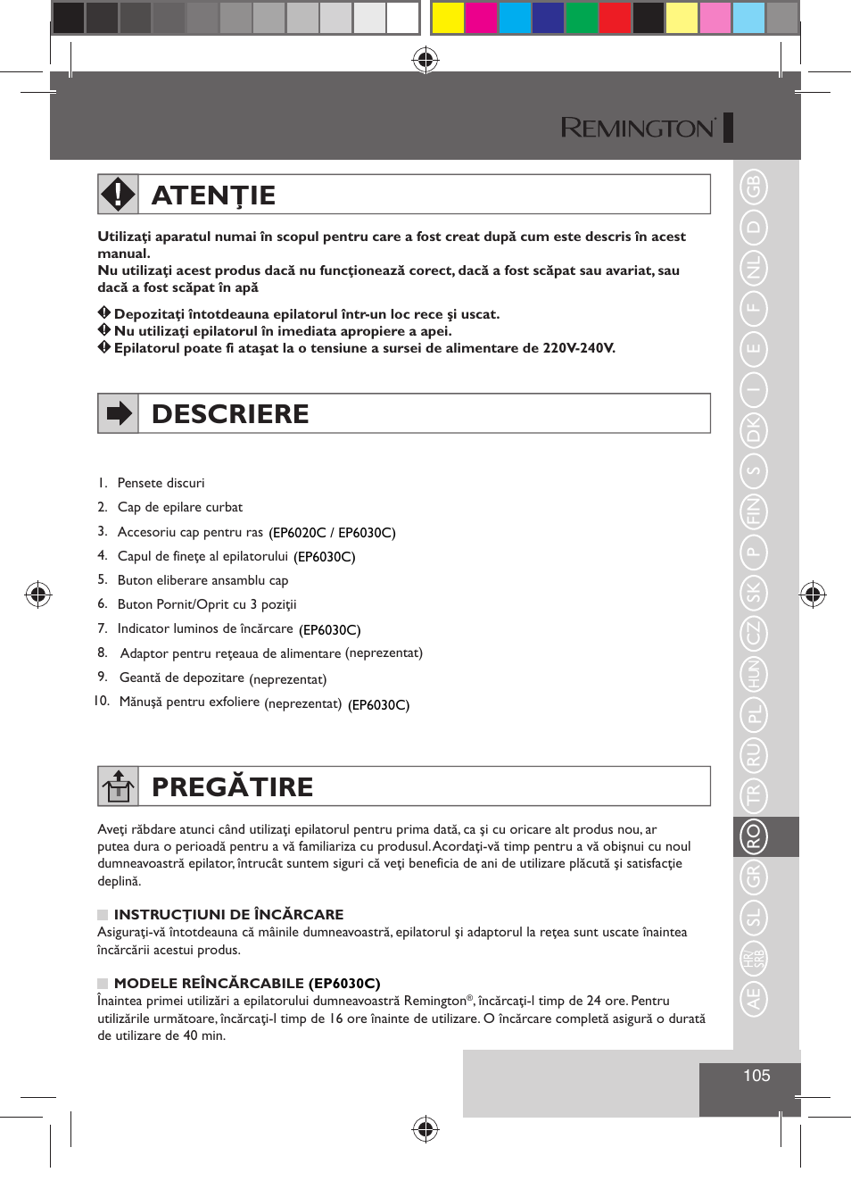 Atenţie, Descriere, Pregătire | Remington EP6030C User Manual | Page 108 / 140