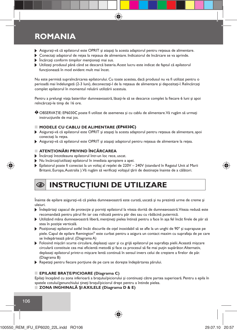 Romania, Instrucţiuni de utilizare | Remington EP6030C User Manual | Page 109 / 140