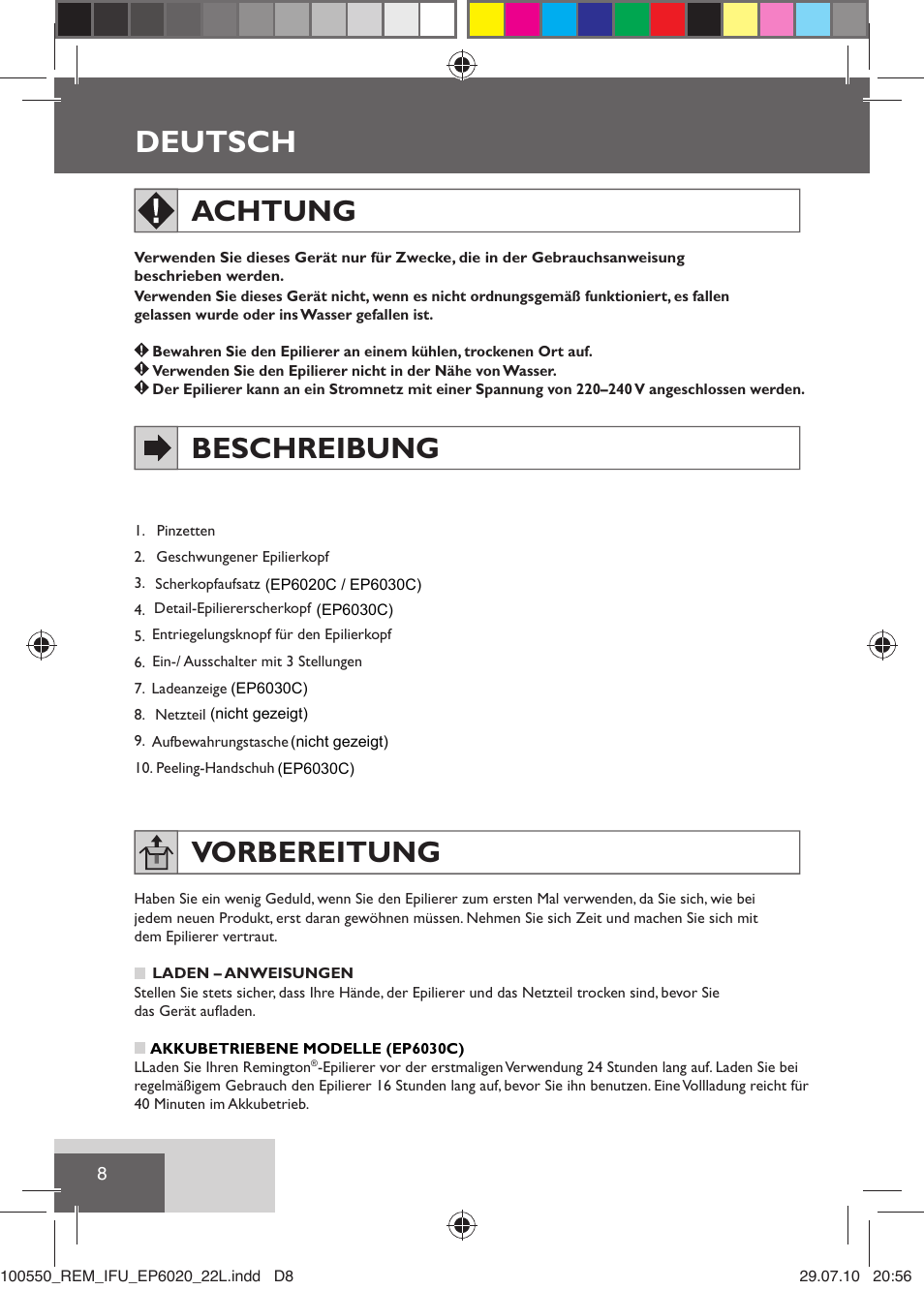 Deutsch, Achtung, Beschreibung | Vorbereitung | Remington EP6030C User Manual | Page 11 / 140