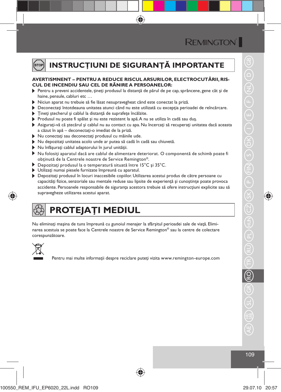 Protejaţi mediul, Instrucţiuni de siguranţă importante | Remington EP6030C User Manual | Page 112 / 140
