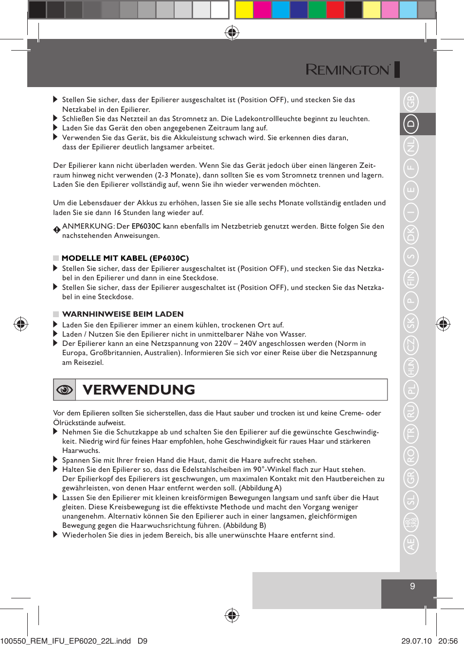 Verwendung | Remington EP6030C User Manual | Page 12 / 140