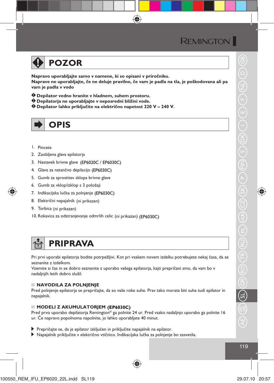 Pozor, Opis, Priprava | Remington EP6030C User Manual | Page 122 / 140