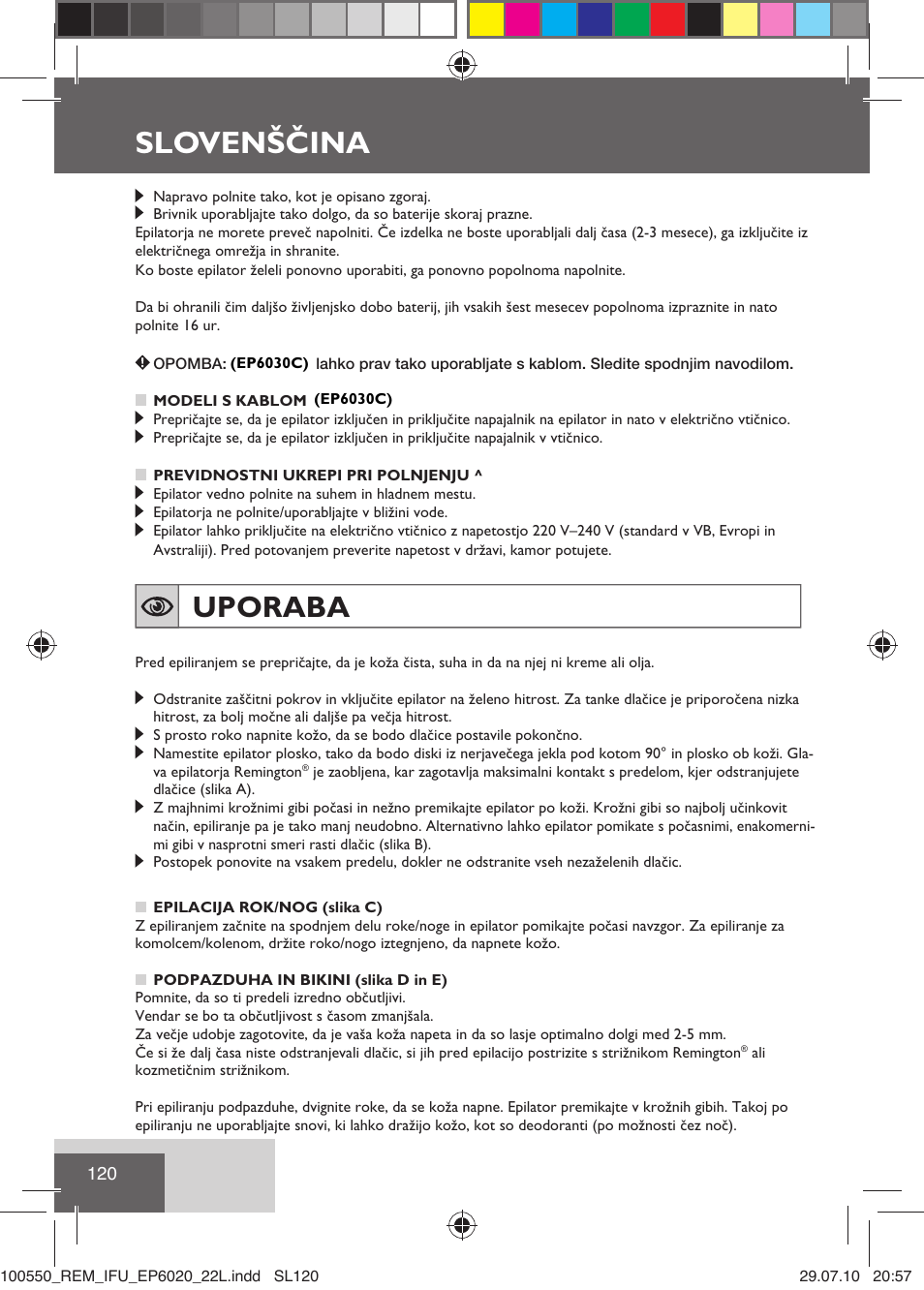 Slovenščina, Uporaba | Remington EP6030C User Manual | Page 123 / 140