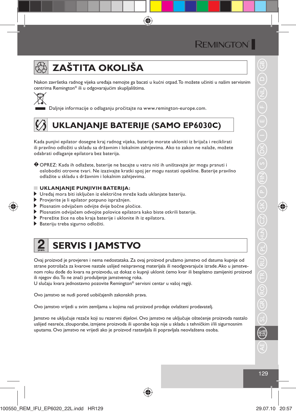 Zaštita okoliša, Servis i jamstvo, Uklanjanje baterije (samo ep6030 ) | Remington EP6030C User Manual | Page 132 / 140