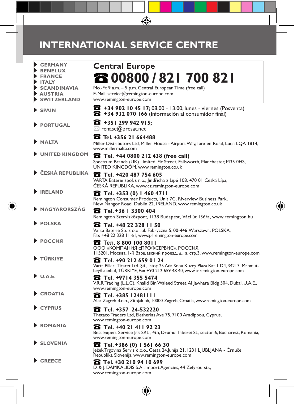 International service centre, Central europe | Remington EP6030C User Manual | Page 140 / 140