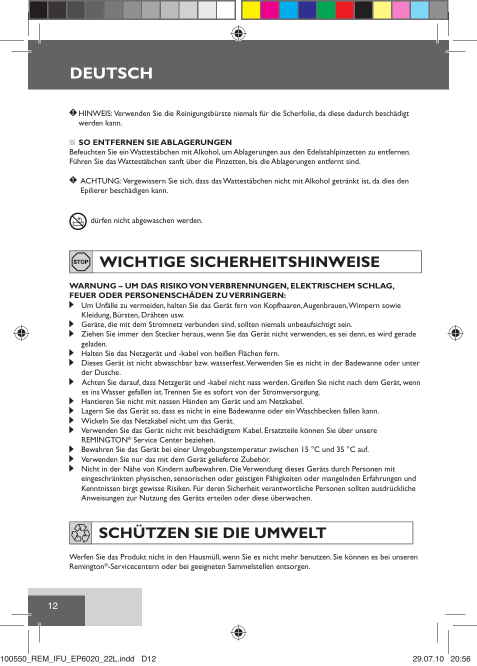 Deutsch, Wichtige sicherheitshinweise, Schützen sie die umwelt | Remington EP6030C User Manual | Page 15 / 140
