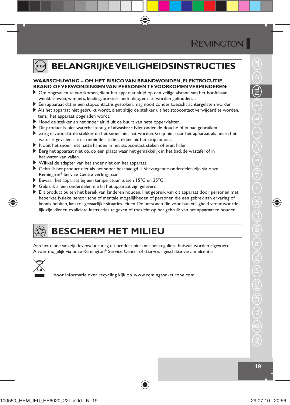 Bescherm het milieu, Belangrijke veiligheidsinstructies | Remington EP6030C User Manual | Page 22 / 140